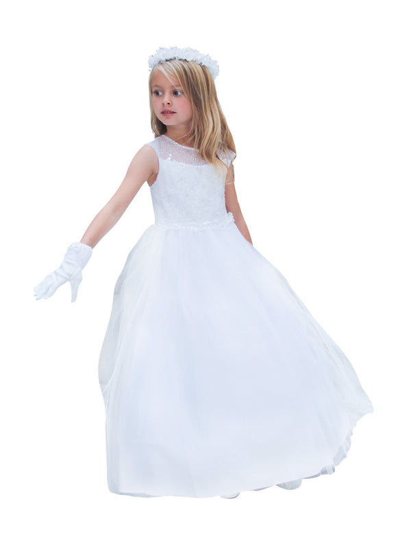 Big Girls White Illusion Neckline Embroidered Junior Bridesmaid Dress 8-14 - SophiasStyle.com